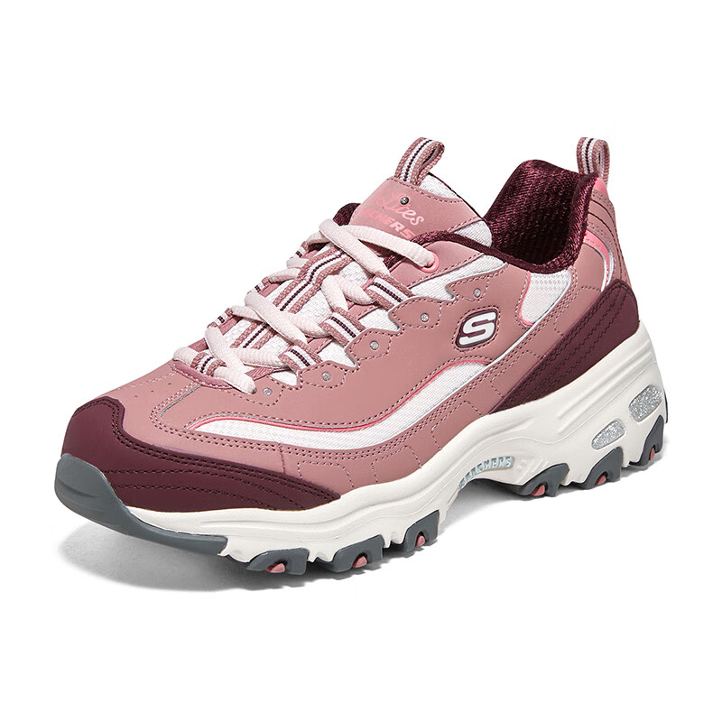 斯凯奇Skechers女鞋秋季2024新款厚底增高老爹鞋奶茶熊猫鞋缓震运动鞋粉色休闲鞋 13143-DKRS